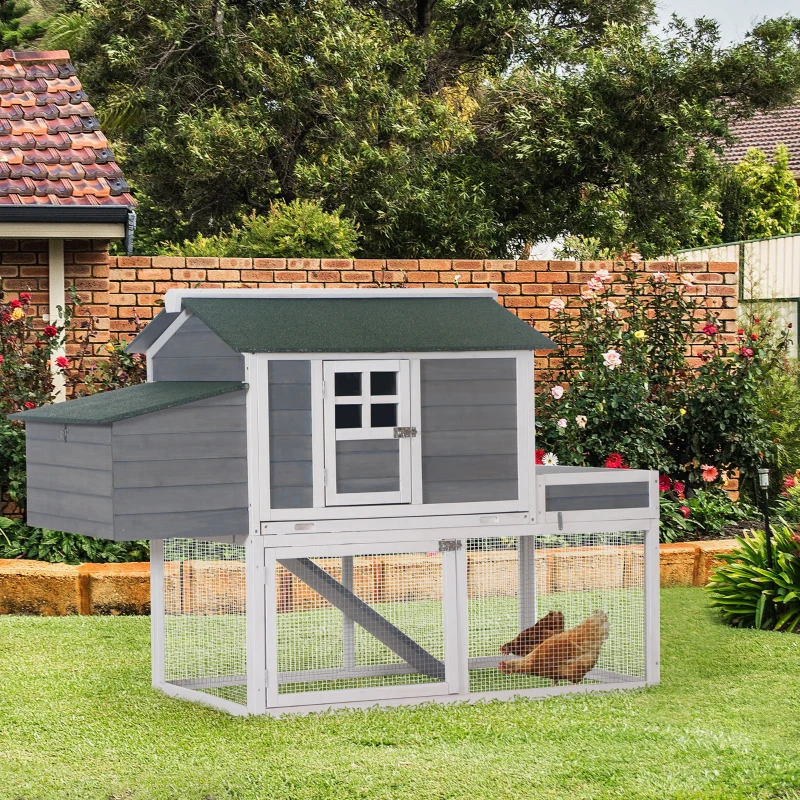 PawHut Gallinero Exterior de Madera Recinto con Nido y Corral Bandeja Extraíble Ventana de Malla Rampa Área de Cultivo 160x80x110 cm Gris y Blanco