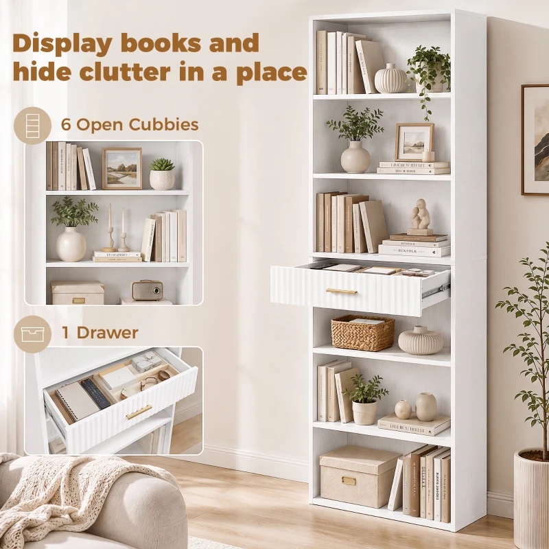 HOMCOM Bookcase Narrow Tall Space-Saving Bookshelf Drawer Open Shelves 60 x 24 x 182 cm White