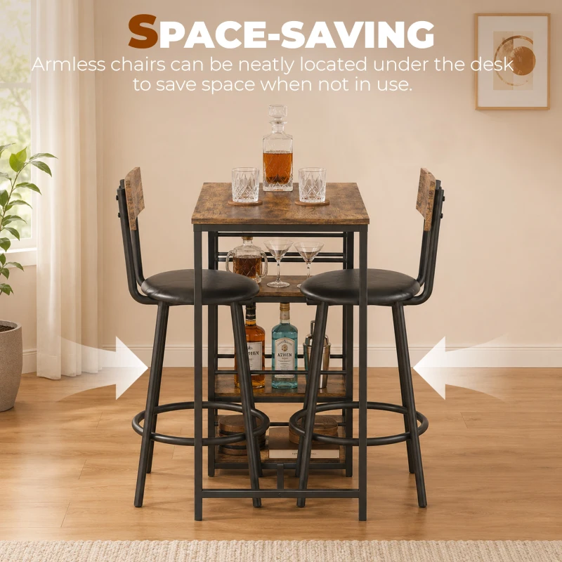 HOMCOM Space Saving Bar Table and PU Leather Stools for 2, 3 Piece Breakfast Bar Table Set with Storage Shelves, Rustic Brown