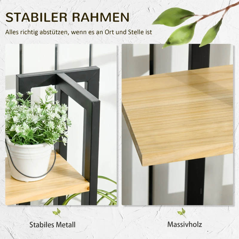 Outsunny 4-Laags Verstelbare Plantenstandaard, 110 cm Hoog Bloemenrek voor Binnen en Buiten van Hout Zwart+Natuurhout