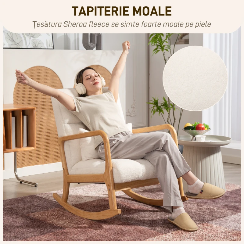 HOMCOM Fotoliu Balansoar 90°-130° cu Pernă Lombară, Acoperit cu Material Textil Sherpa, 64.5x82x89 cm, Alb și Lemn Natur