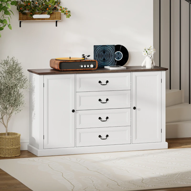 HOMCOM Credenza da Cucina Stile Vintage con 4 Cassetti e 2 Armadietti con Mensole Regolabili, 147x40x87, Legno Bianco