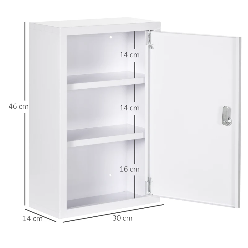 kleankin Medicijnkast, 3 Vakken, Afsluitbare Deur, Stevig Stalen Behuizing, Wit, 30 x 14 x 46 cm