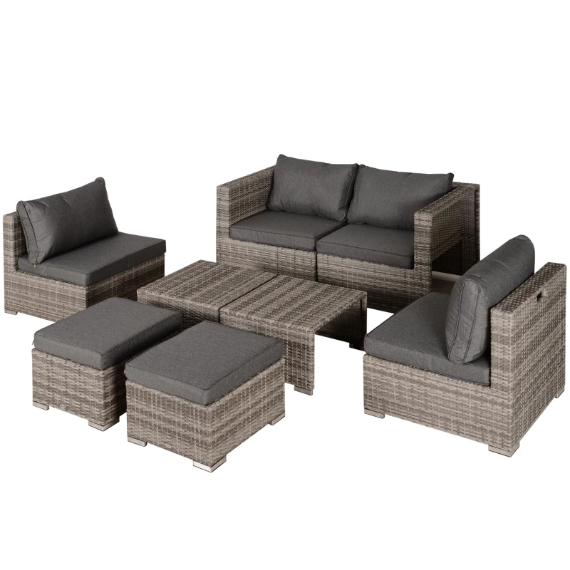 Outsunny Conjunto de Muebles de Jardín 8 Piezas de Ratán Sintético con 2 Mesas Reposapiés y Cojines para Patio Terraza Marrón y Gris