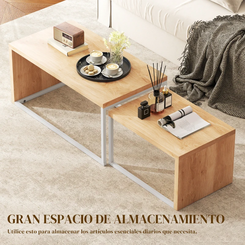 HOMCOM Juego de 2 Mesas de Centro Mesa Nido Moderna Marco de Metal para Salón 90x48x42 cm y 59x42x36 cm Natural y Blanco