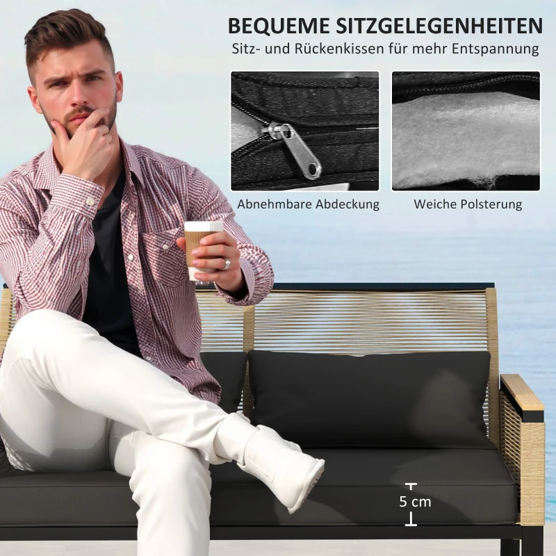 Outsunny Polyrattan Tuinmeubelset voor 4 Personen, Weerbestendig Balkonmeubelset met Tweezitsbank, 2 Stoelen, Glazen Tafel en Zitkussens Zwart