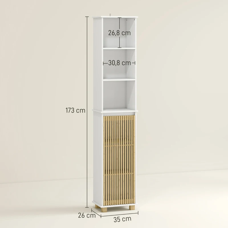HOMCOM Colonne salle de bain, meuble salle de bain rangement avec porte à lattes en bambou et compartiments ouverts, blanc