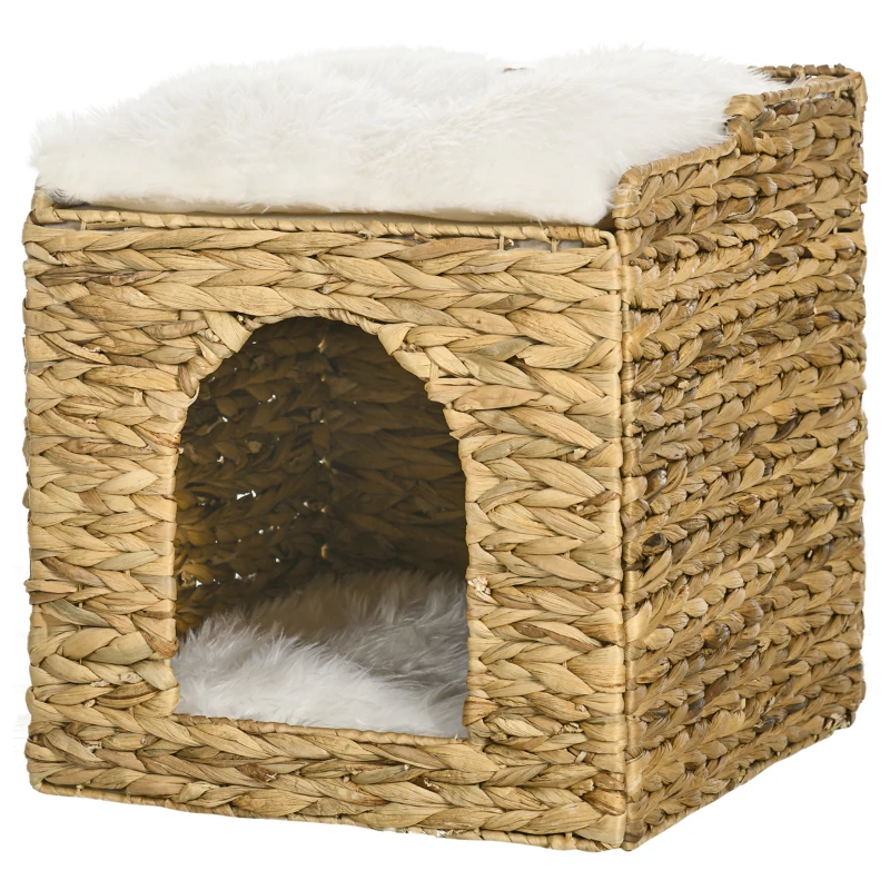 PawHut Niche pour chat 2 niveaux avec 2 coussins en jacinthe d'eau - 37,5 x 37,5 x 41,5 cm marron crème