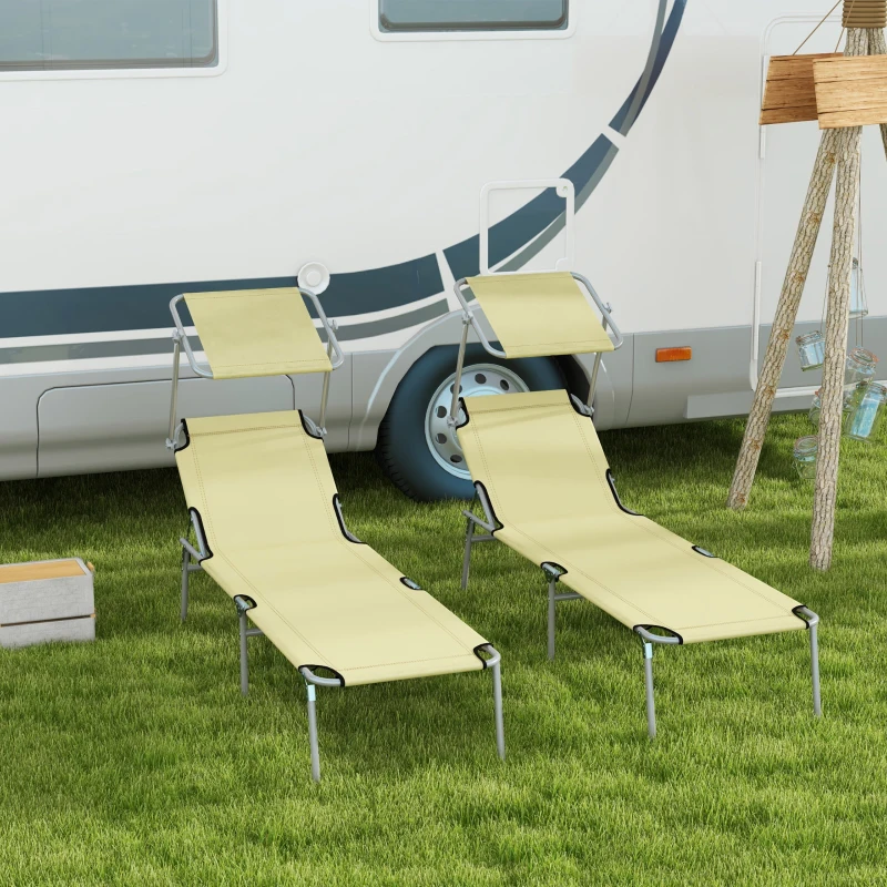 Outsunny Folding Sun Lounger Set of 2 with Canopy, Reclining Sunbed with 4-Position Adjustable Backrest, 600D Oxford Cloth, Portable Garden Lounger Recliner Chair for Beach, Camping, Patio, Beige