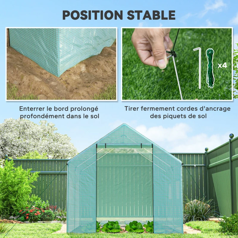 Outsunny Serre de jardin tunnel 2 x 3m, 6m² avec porte enroulable, 4 fenêtres, - Acier galvanisé PE Haute densité Vert