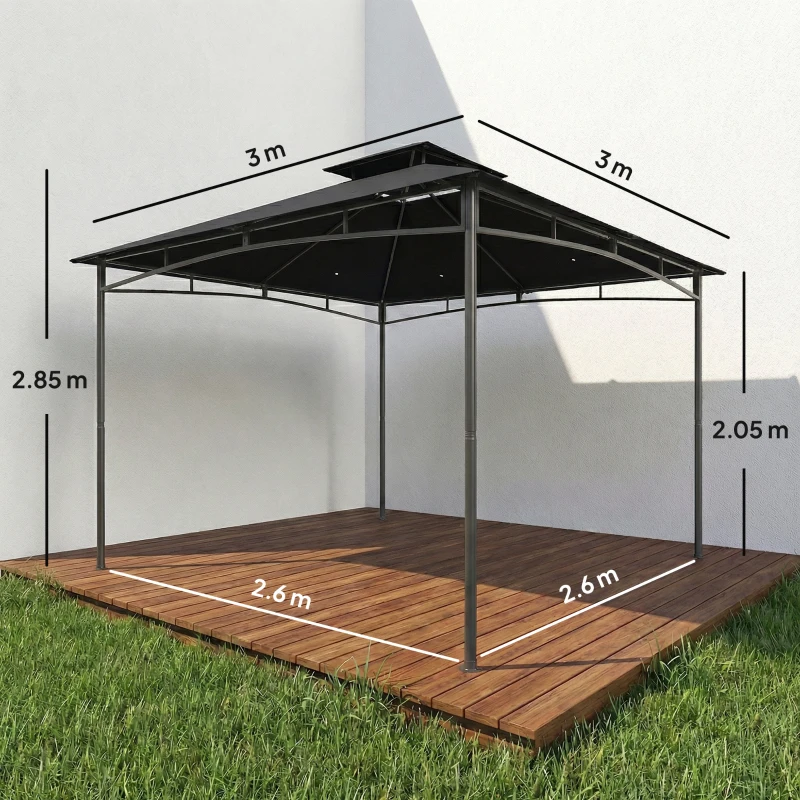 Outsunny 3 x 3 m Gazebo, Garden Gazebo with 2-Tier Roof, Metal Frame, Black