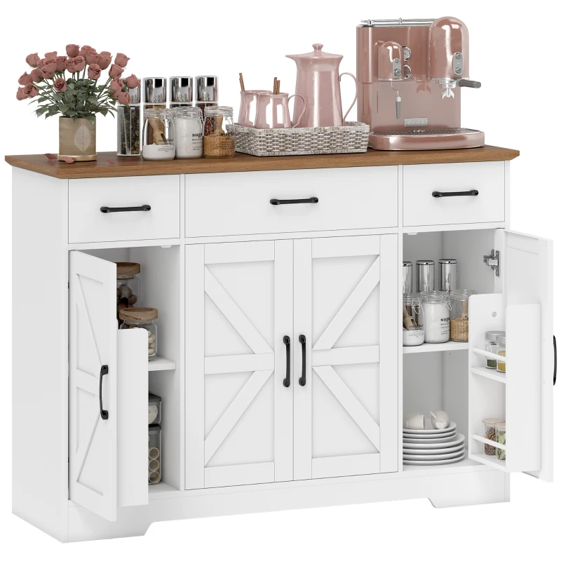 HOMCOM Bufet Bucătărie Rustic, Bufet cu Uși Soft-Close, 3 Sertare, 3 Rafturi Reglabile, Portaspecii, PAL, MDF, Alb