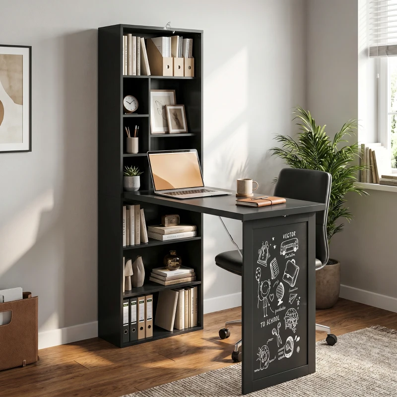 HOMCOM Three-Part Work Desk, with Storage and Chalkboard - Black