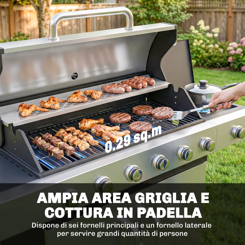 Outsunny Barbecue a Gas Propano a 6 Fuochi con Bruciatore Laterale, 63.000 BTU, Argento e Nero