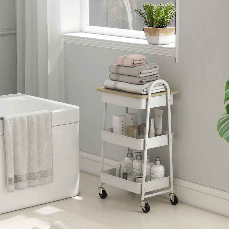 HOMCOM Desserte cuisine, chariot de service à 3 niveaux, plateau supérieur, paniers, poignées, 45 x 32 x 77,5 cm chêne