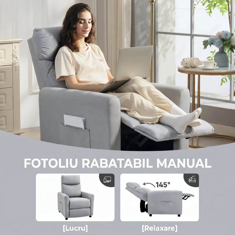 HOMCOM Fotoliu Reclinabil 135° Material cu Efect de In, Spumă, Oțel și Lemn, 73x86x100 cm, Gri Deschis