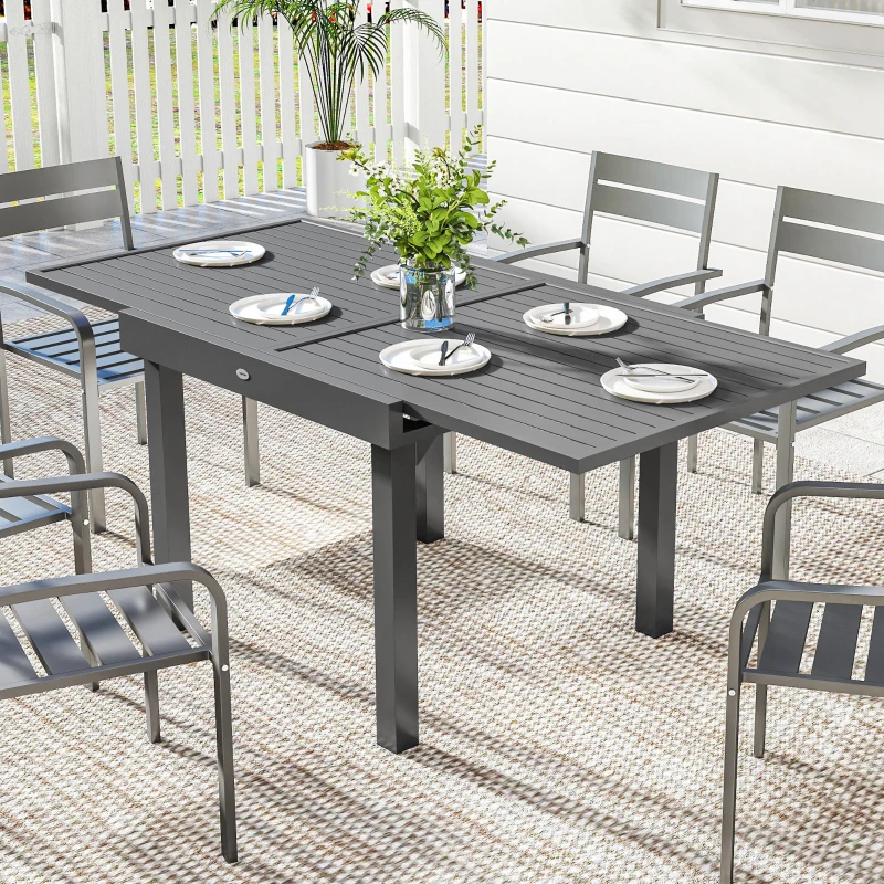 Outsunny Extending Garden Table for 4-8 People, Aluminium Outdoor Dining Table with Slatted Top, Dark Grey