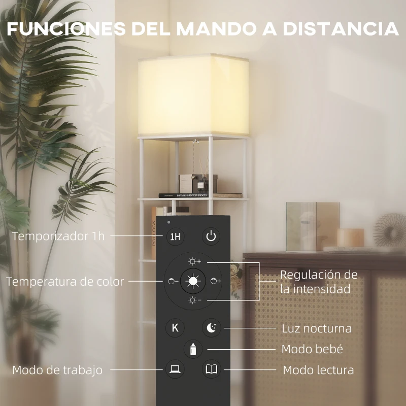 HOMCOM Lámpara de Pie con Estantes Temperaturas de Color Ajustable 3000K-6500K Control Remoto Bombilla E27 Blanco