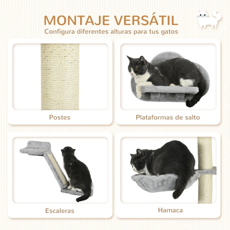 PawHut Juego de Pared de Escalada para Gatos de 3 Piezas con Hamaca Rampa con Rascador Plataforma en Forma de Nube Gris