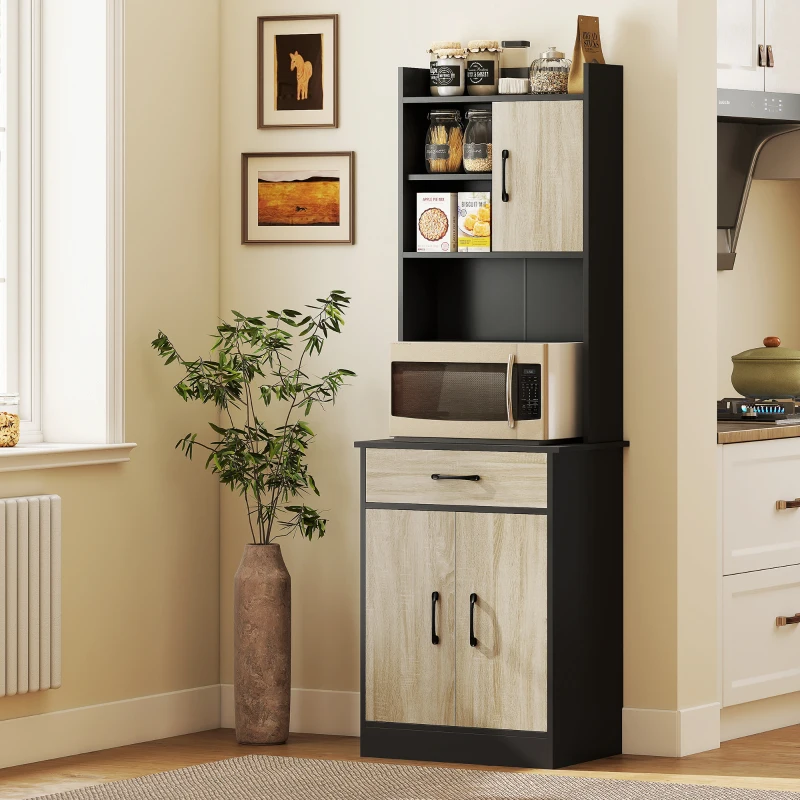 HOMCOM Mobile Dispensa in Legno con Cassetto, 2 Ripiani Aperti e Armadietti, 60x40x180 cm, Nero e color Legno