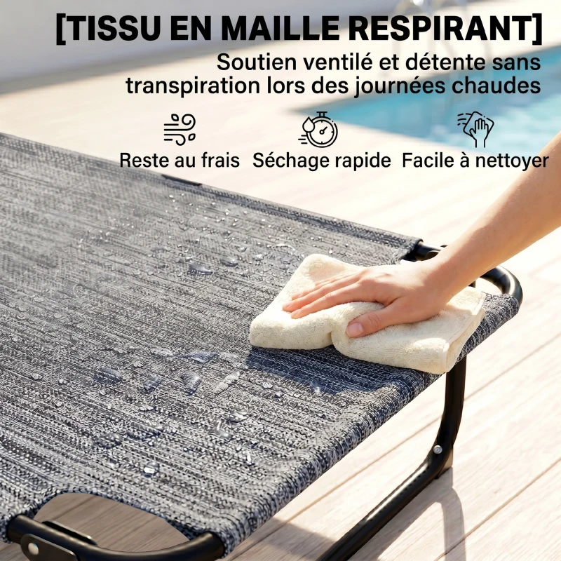 Outsunny Chaise longue de jardin pliante dossier réglable sur 4 niveaux, trou de lecture et appui-tête 72L x 194l x 31H cm Gris