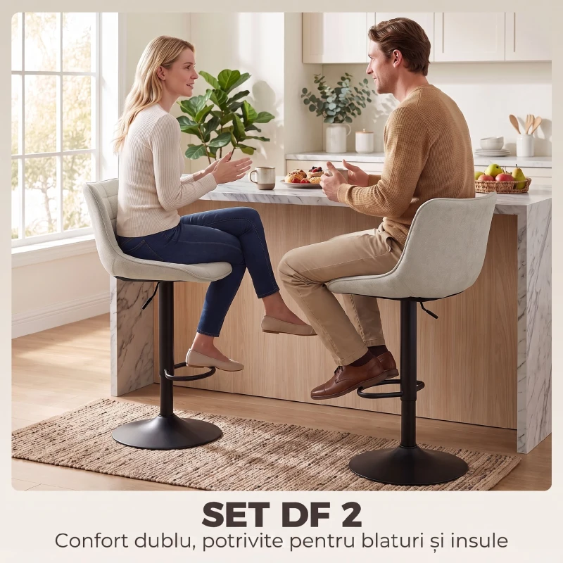 HOMCOM Set de 2 Scaune de Bar rotative și Reglabile, Alb Crem