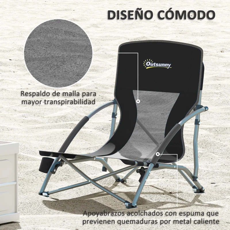 Outsunny Conjunto de 2 Sillas de Playa Plegables y Ligeras con Respaldo de Malla Reposabrazos y Bolsa 58x55x62 cm Negro