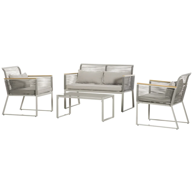 Outsunny Conjunto de Muebles de Jardín de Ratán 4 Piezas Sofá Doble 2 Sillones Individuales y Mesa de Café de Vidrio con Cojines Desenfundables para Exterior Terraza Gris