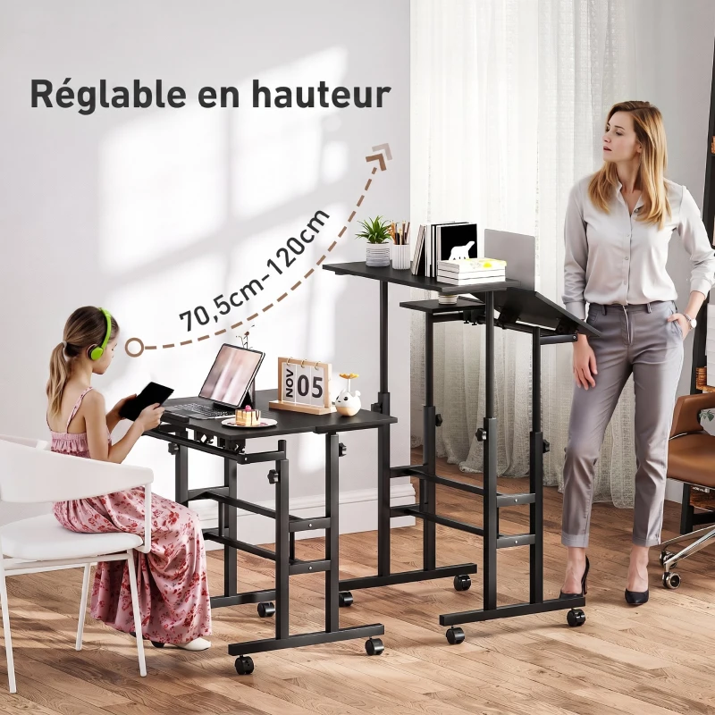 HOMCOM Bureau assis debout bureau réglable en hauteur 70 x 60 cm à roulettes avec plateau inclinable cadre en métal noir