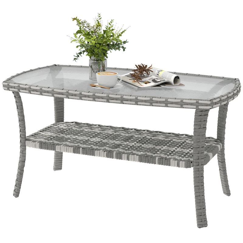 Outsunny Mesa de Jardín Exterior Rectangular de Ratán con Estante Tablero de Vidrio Templado con Ondas 90x50x45 cm Gris Oscuro