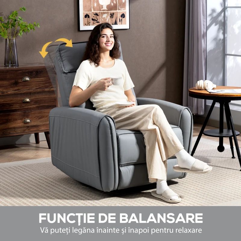 HOMCOM Fotoliu Relax Reglabil Manual cu Suport pentru Picioare, Tapițerie cu Efect de Piele și Bază Rotativă, Gri