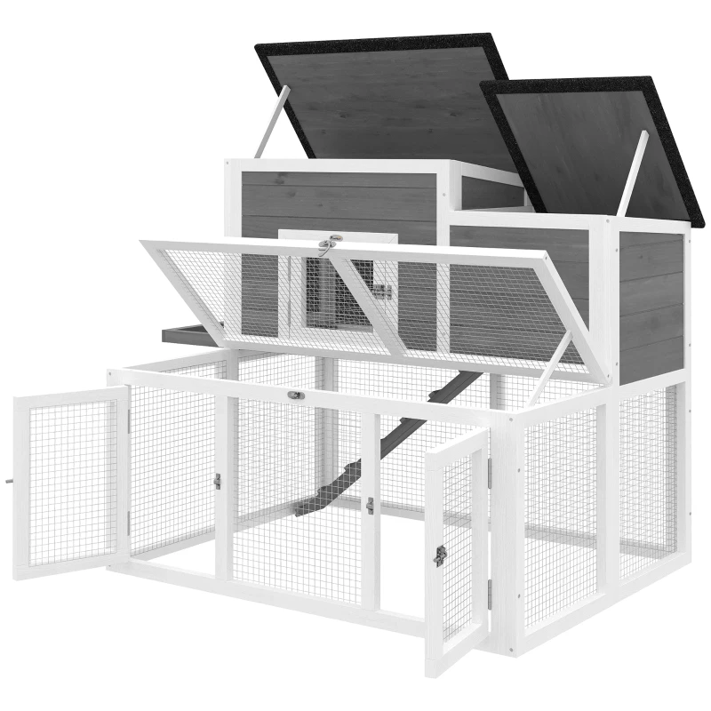 PawHut Clapier Lapin Extérieur en Bois Cage à Lapin Intérieur Double Toit Ouvrant Imperméable 2 Niveaux avec Enclos Gris