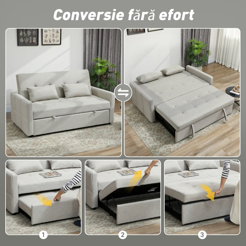 HOMCOM Canapea de 2 Locuri Convertibilă în Pat Clic Clac cu 2 Perne din Material Textil, Maro Deschis
