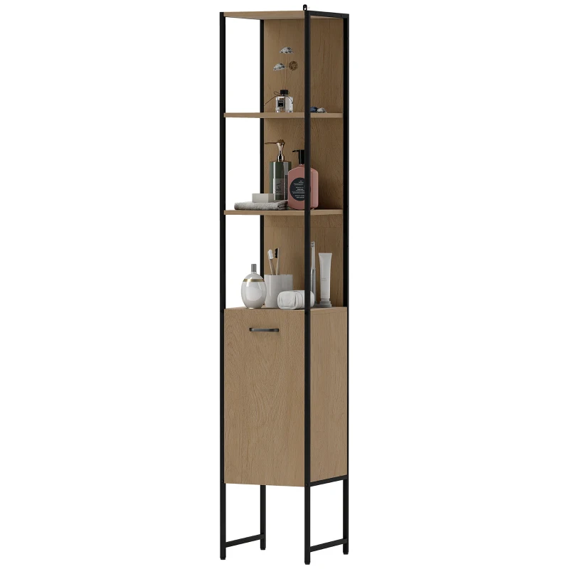 HOMCOM Tall Bathroom Cabinet with Open Shelves and Adjustable Shelf - Natural Wood Finish