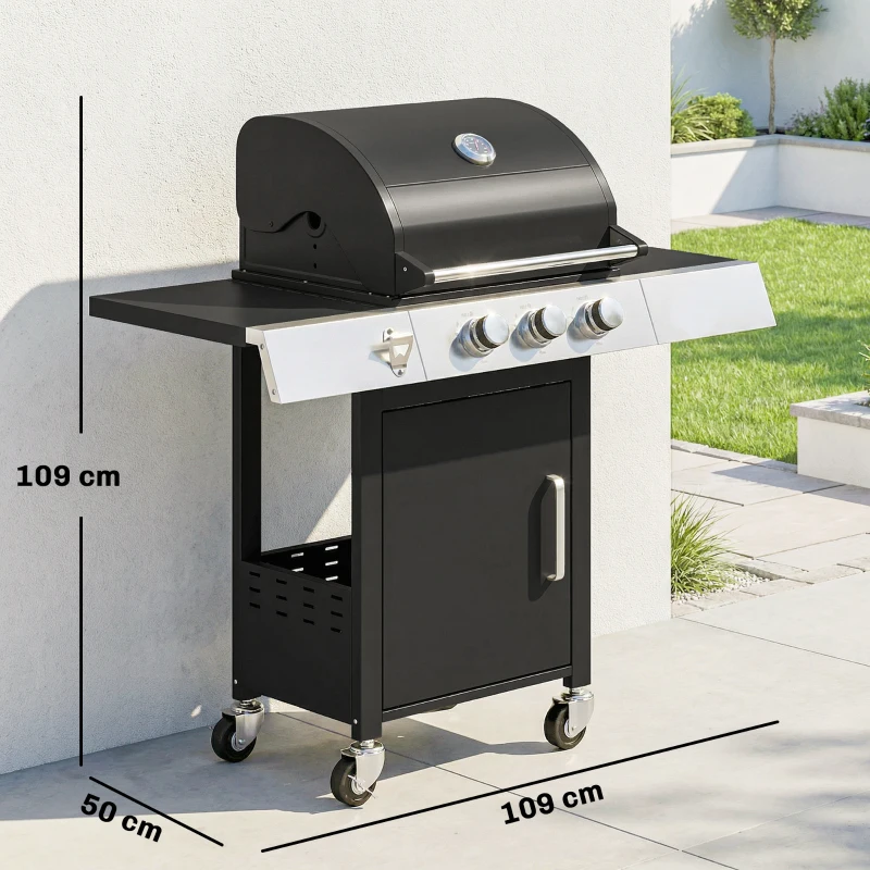 Outsunny Barbacoa de Gas con 3 Quemadores 8,1 kW Termómetro Parrillas Mesas Laterales Armario y Ruedas 109x50x109 cm Negro