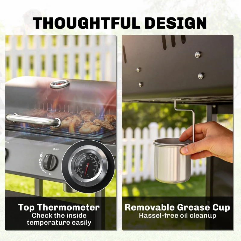 Outsunny Gas Burner Barbecue Grill, 2 Burner Gas Grill with Side Tables, Warming Rack, Shelf, Thermometer, Grease Tray, Black