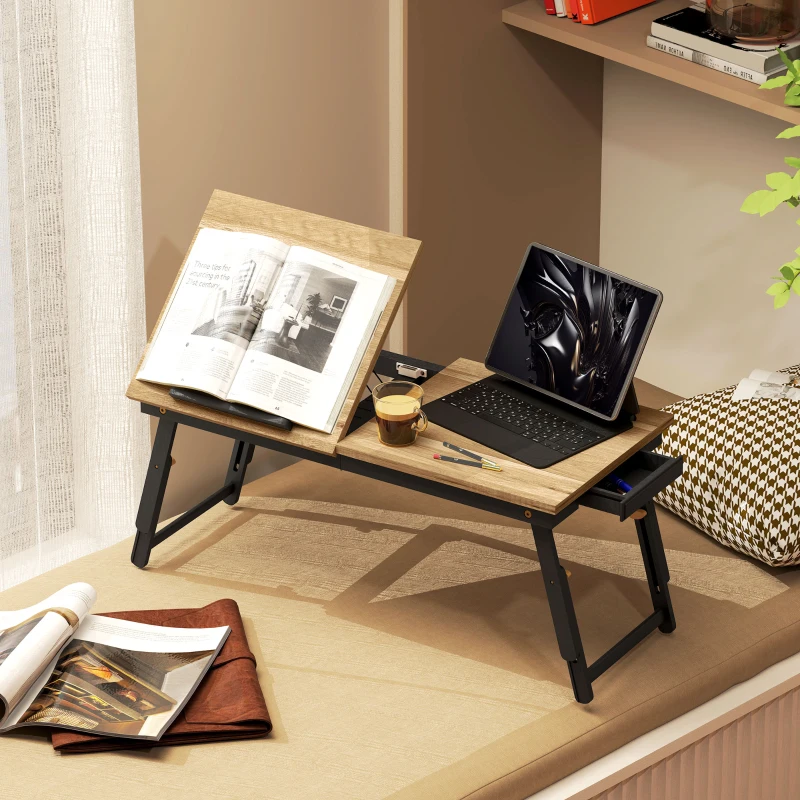 HOMCOM Mesa Reclinable para Cama y Sofá Bandeja Plegable con Cajón Lateral para Ordenador Portátil Libros Cinco Alturas Roble