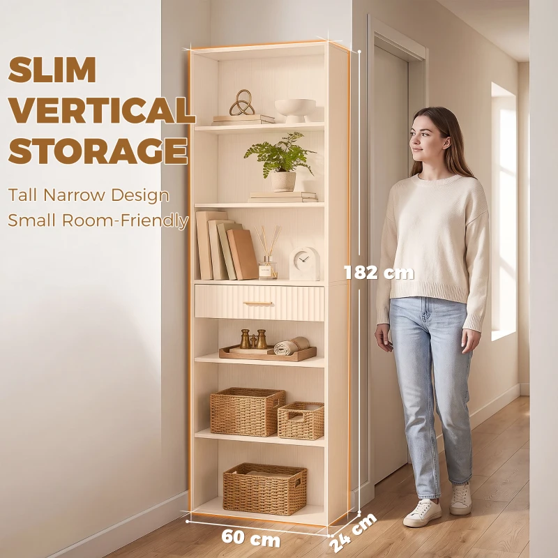 HOMCOM Bookcase Narrow Tall Space-Saving Bookshelf Drawer Open Shelves 60 x 24 x 182 cm White