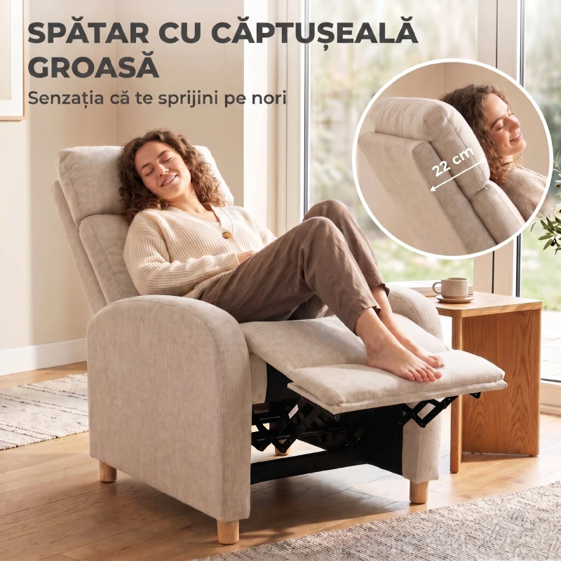 HOMCOM Fotoliu Recliner cu Suport pentru Picioare, Arcuri în Saci, Țesătură In, 87x67x102 cm, Bej