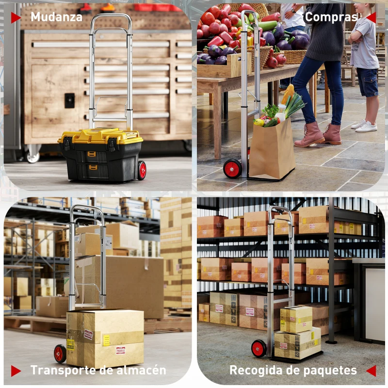 HOMCOM Carretilla de Mano Plegable de Aluminio Carga 90 kg con Ruedas Mango Telescópico Ajustable 40x41x108 cm Plata y Negro