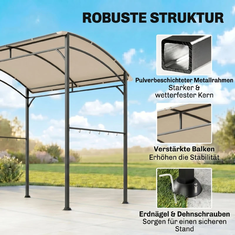 Outsunny Grillpavillon, Grillüberdachung, Regenschutz, Haken für Utensilien, Stahlrahmen, Beige+Schwarz, 215 x 150 x 182/220 cm