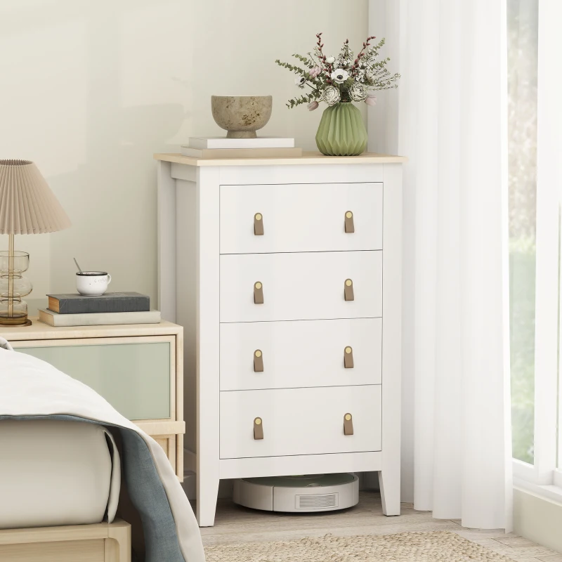 HOMCOM Bedroom Chest of Drawers, Modern 4 Drawer Dresser Cabinet with PU Leather Handles and Metal Runners for Living Room, Hallway, Entryway, 60 x 40 x 98 cm, White