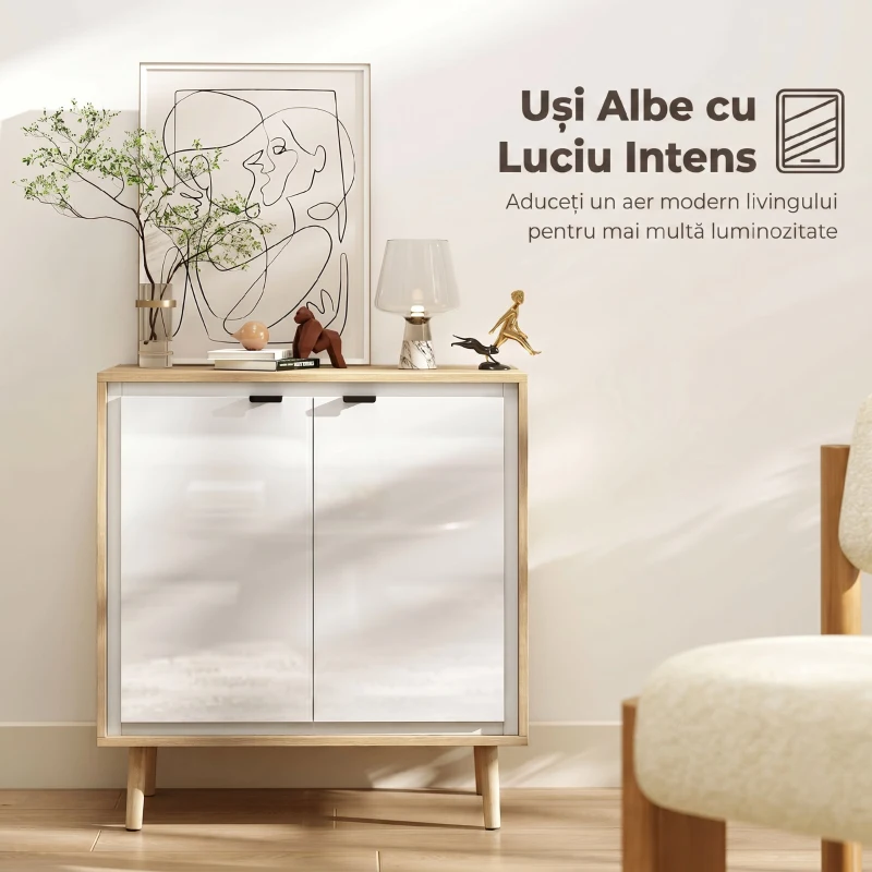 HOMCOM Dulap Modern cu 2 Uși și Raft Reglabil, 72x35x77 cm, Alb Lucios și Stejar