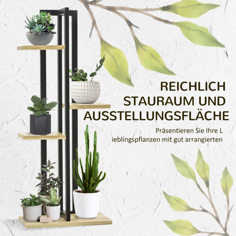 Outsunny 4-Laags Verstelbare Plantenstandaard, 110 cm Hoog Bloemenrek voor Binnen en Buiten van Hout Zwart+Natuurhout