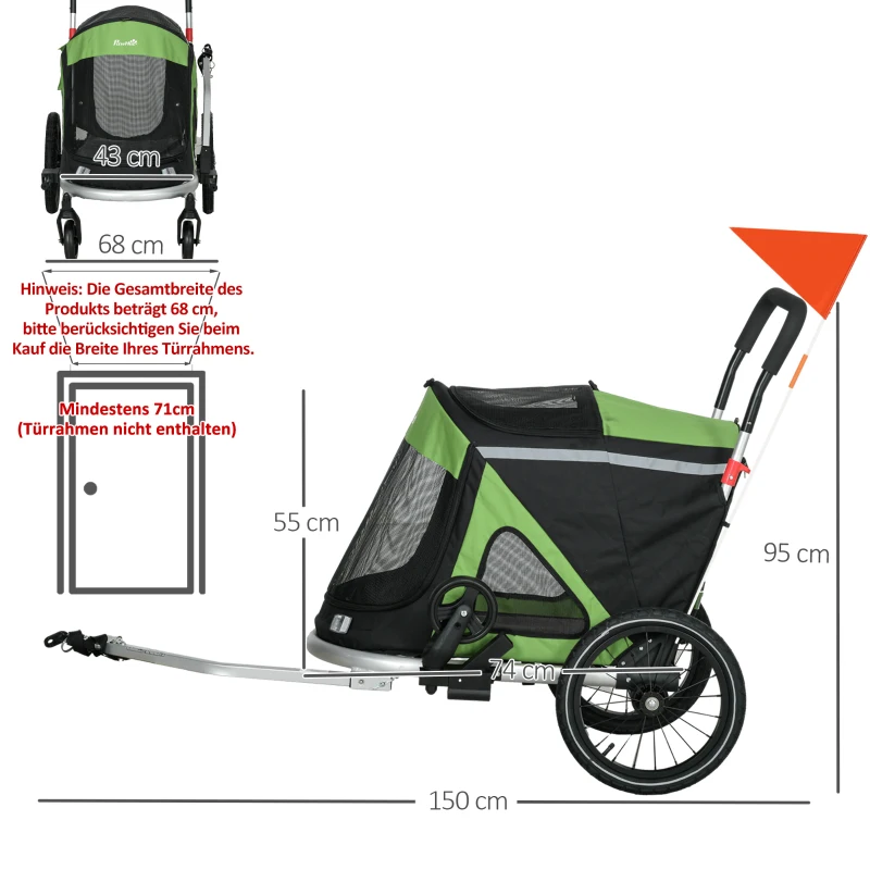 PawHut 2-in-1 Hondenbuggy Hondenjogger Fietskar, 2 Reflectoren, 1 Veiligheidslijn, 150 x 68 x 95 cm, Groen