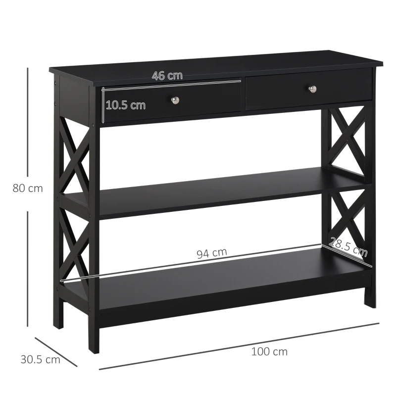 HOMCOM Console Table Side Desk w/ Shelves Drawers Open Top X Support Frame Living Room Hallway Home Office Furniture Black