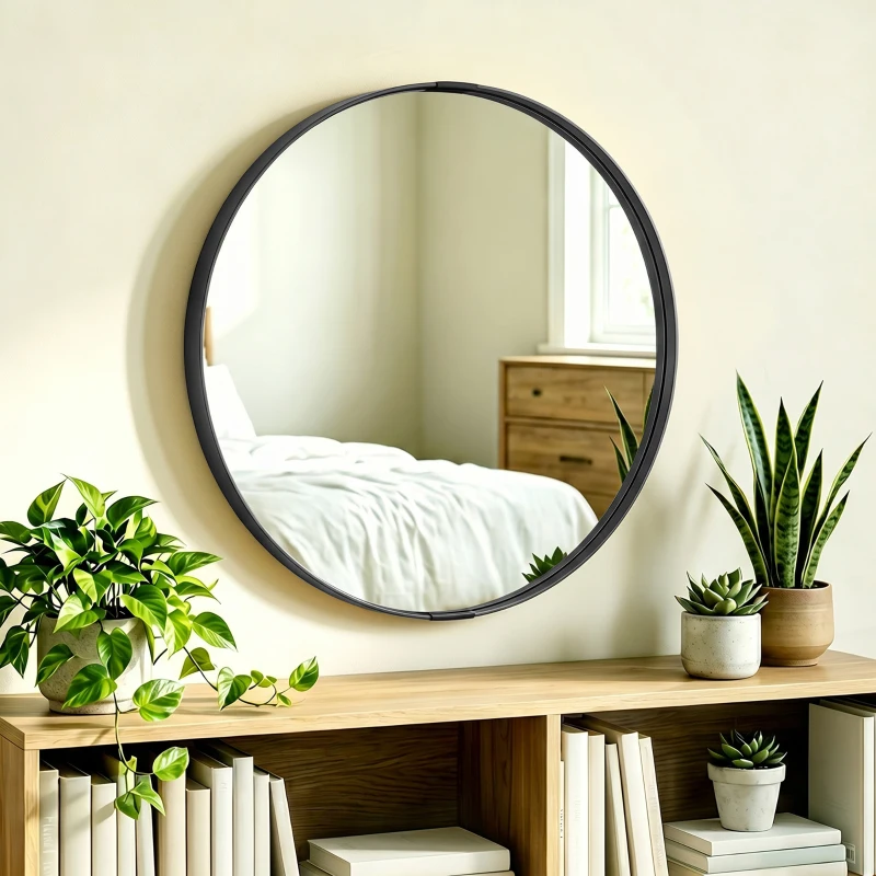 HOMCOM Round Wall Mirror 61 cm, Wall Mounted Bathroom Mirror with Tempered Safety Glass and Aluminium Alloy Frame, Black