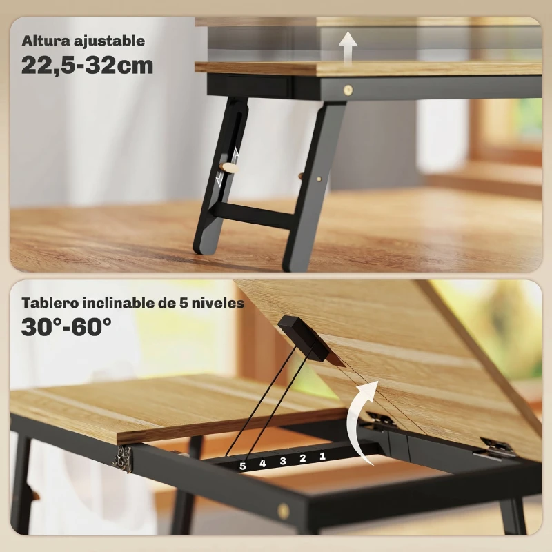 HOMCOM Mesa Reclinable para Cama y Sofá Bandeja Plegable con Cajón Lateral para Ordenador Portátil Libros Cinco Alturas Roble
