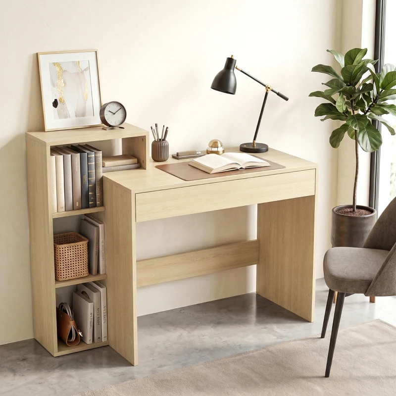 HOMCOM Bureau avec rangement, bureau d'ordinateur avec 3 étagères de rangement et tiroir, 100 x 40 x 90 cm, bois naturel