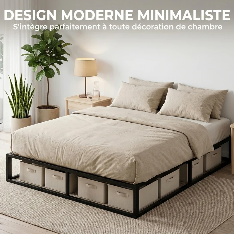 HOMCOM Cadre de Lit 140 x 190 cm avec Sommier, Lit Double avec Pochette de Rangement, Support à Lattes en Bois, Noir